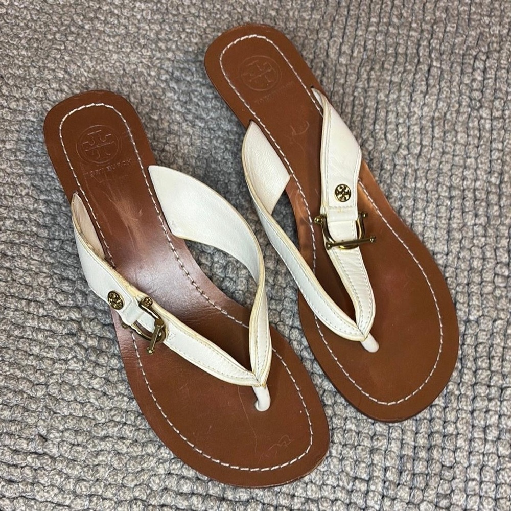 Tory Burch White and Brown Sandals with T-Strap Design